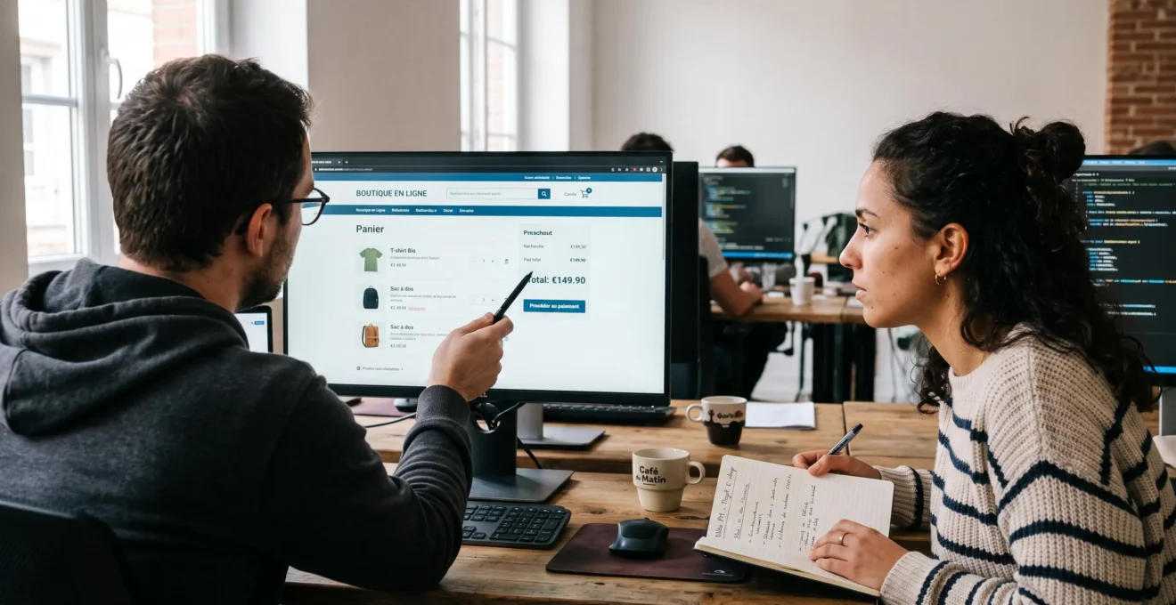 Un développeur et une cheffe de projet examinent la page de commande d'un site e-commerce sur un écran dans les locaux d'une agence web.