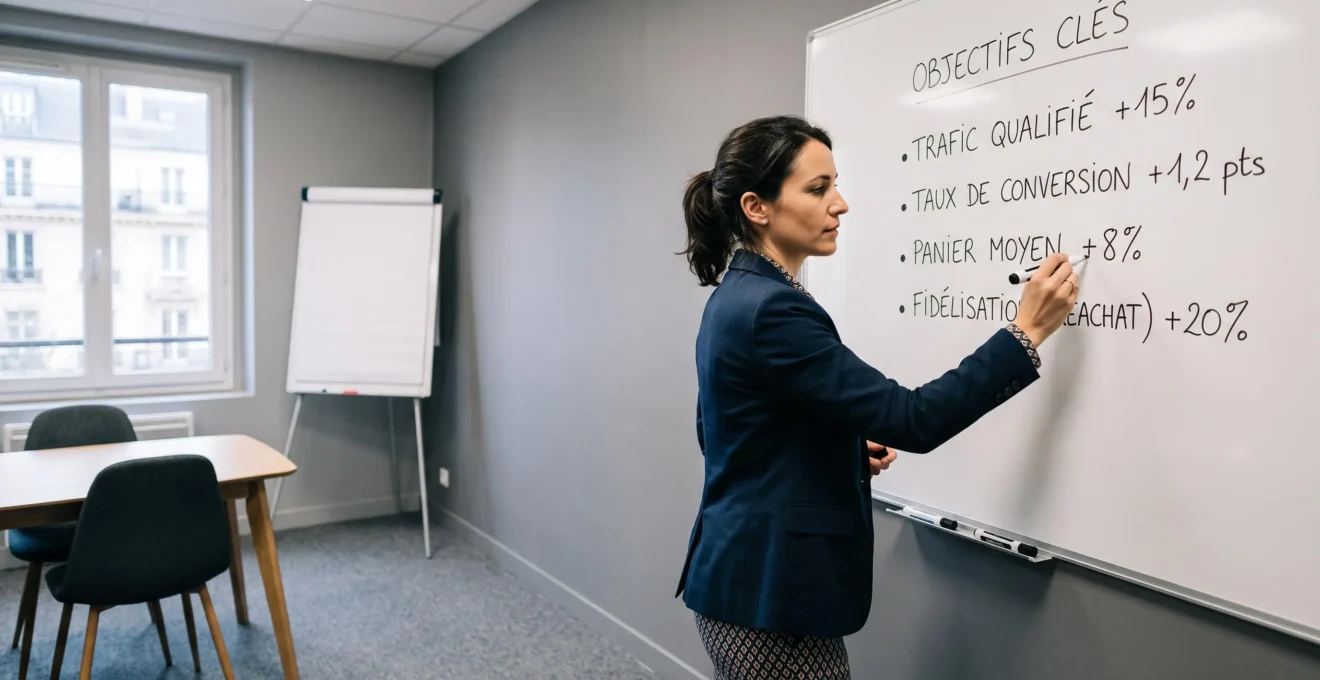 Une cheffe de projet e-commerce écrit au marqueur une liste d'indicateurs de réussite sur un tableau blanc dans une salle de réunion d'agence web.