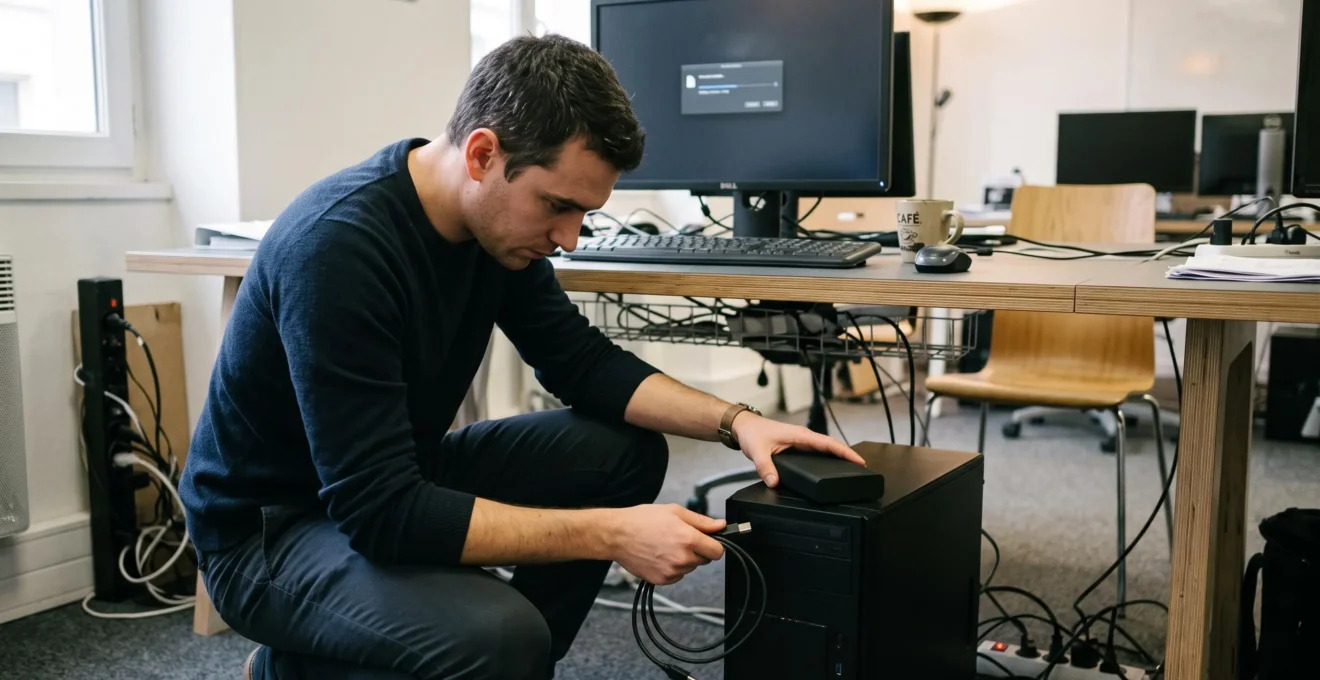 Un développeur branche un disque dur externe sur une tour informatique pour sauvegarder les données avant une migration de site.