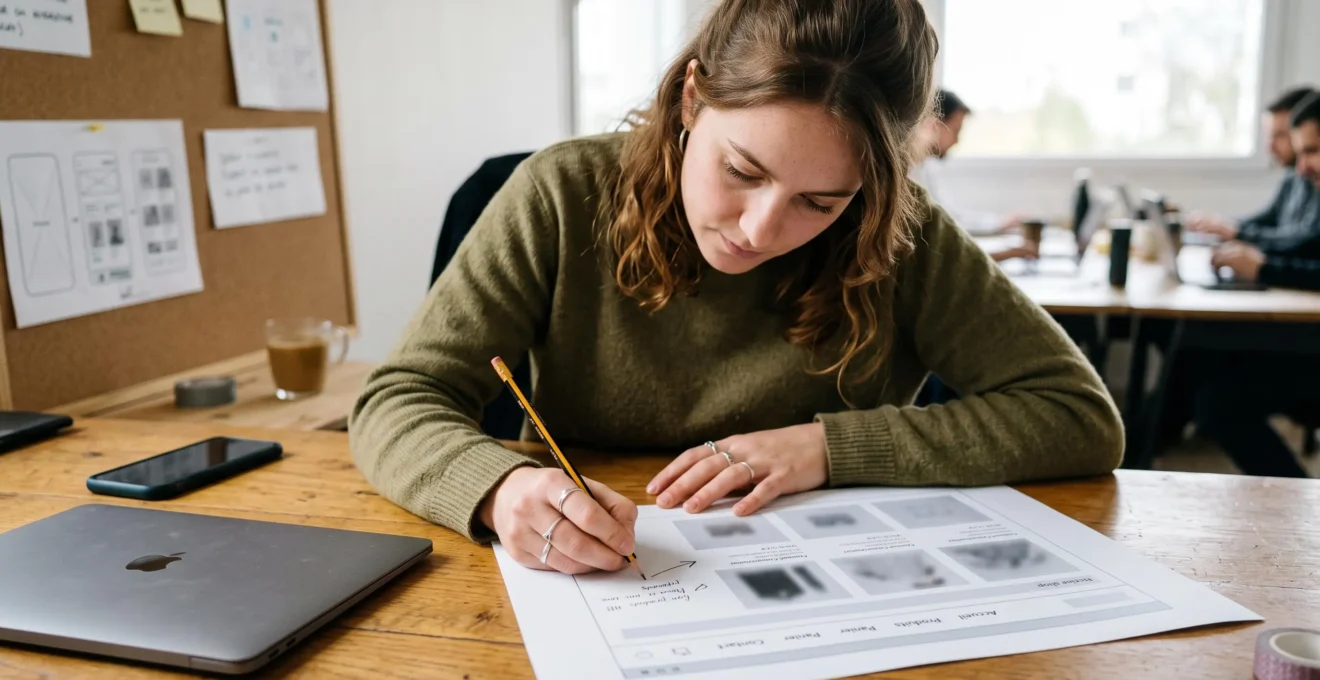 Une webdesign annote sur papier un gabarit de page d'accueil e-commerce pour identifier les points de friction du parcours client.